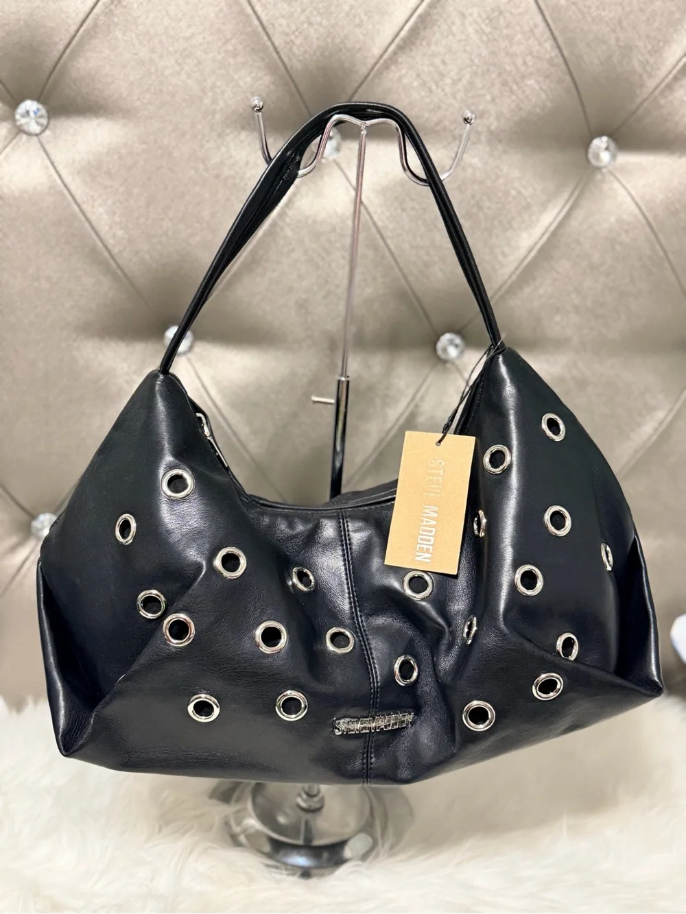 Steve Madden Black Leather Grommet Hobo Bag